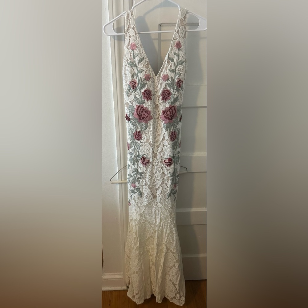 Betsy & Adam White Lace Dress with Pink and Green Floral Design